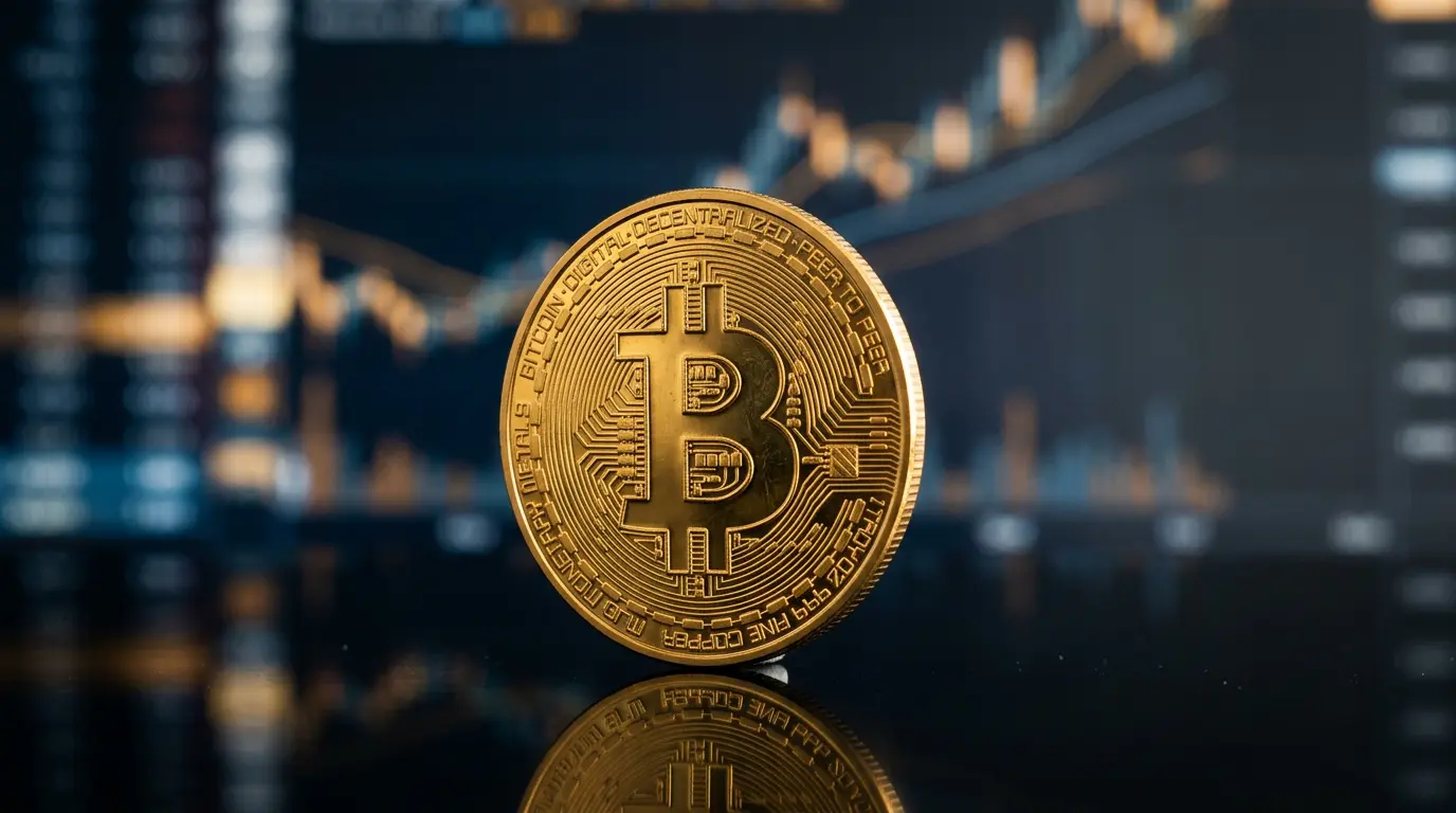 Bitcoin coin with dramatic lighting representing Franklin Templeton's 2026 price target forecast