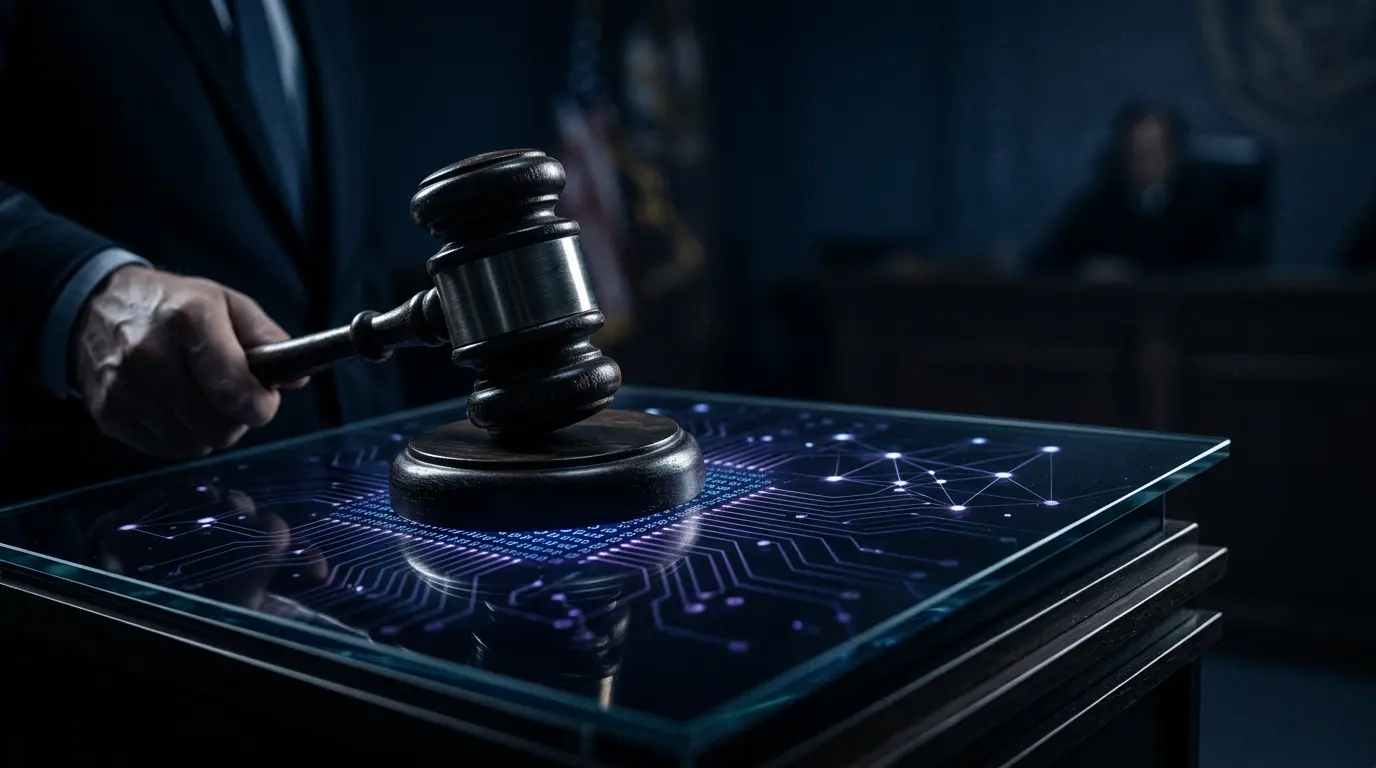 Legal gavel with blockchain visualization representing crypto regulation enforcement