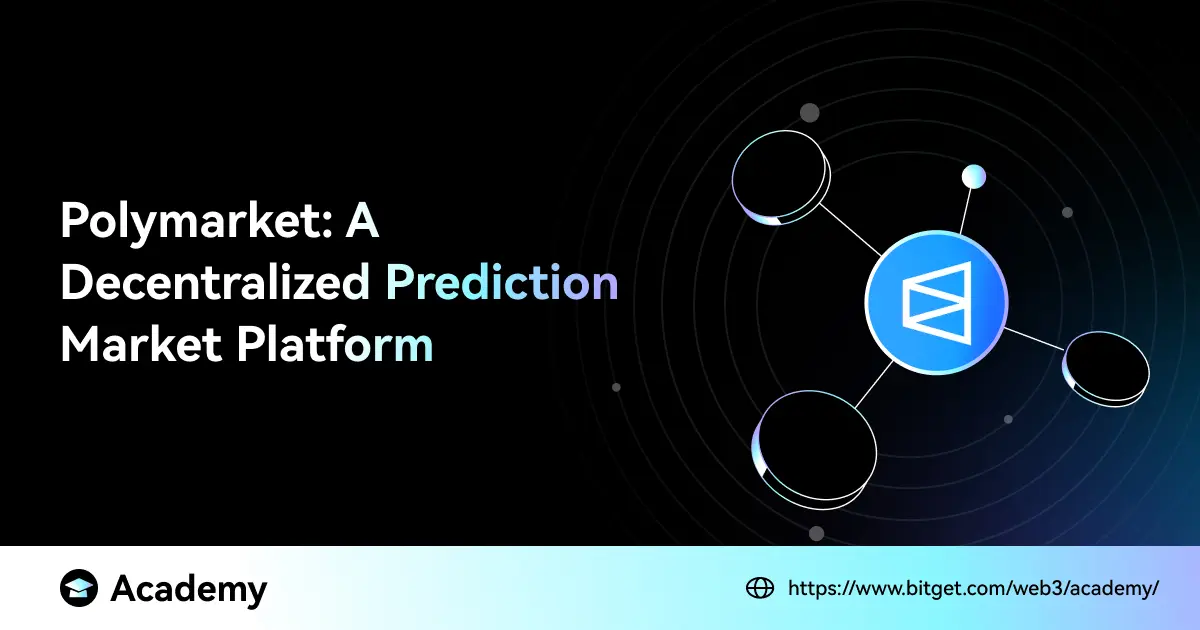 Polymarket decentralized prediction protocol graphic featuring nodes and text.