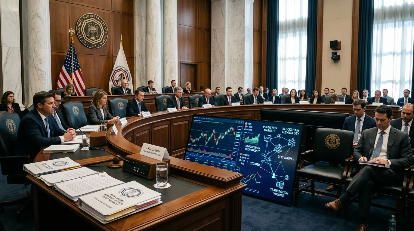 CFTC regulatory office with trading screens and official documents on prediction market oversight