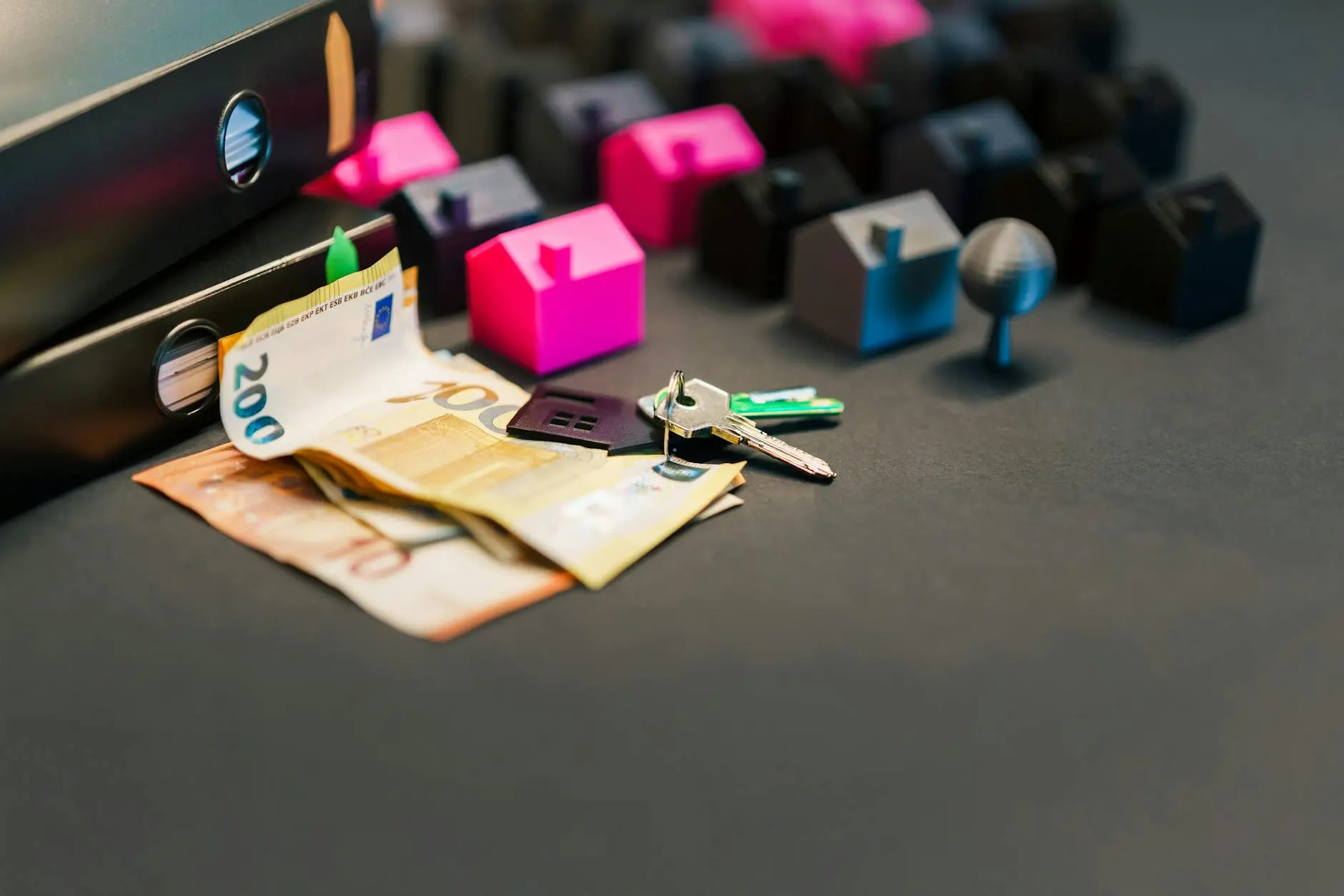 Colorful house models, keys, and euro banknotes arranged on a dark surface.