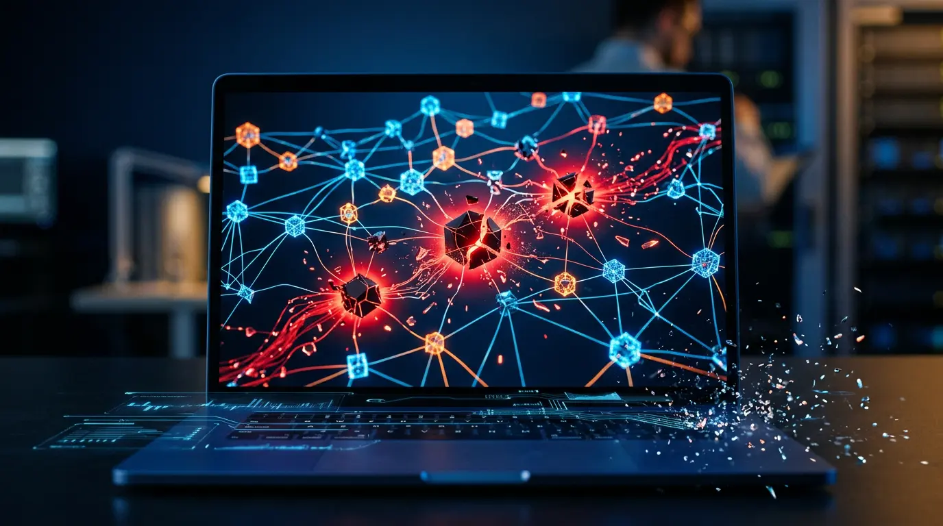 DeFi protocol security breach visualization with damaged network nodes and warning indicators
