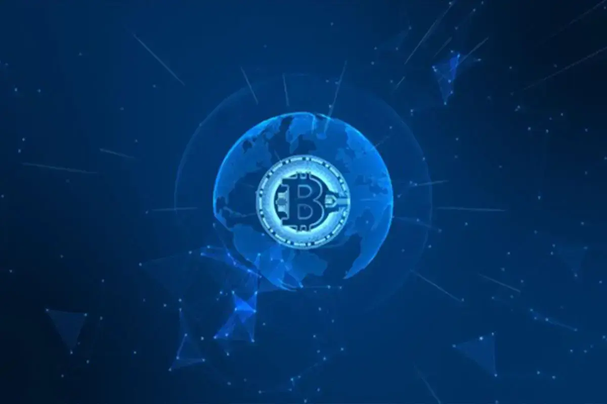 Digital illustration of a globe with a cryptocurrency symbol on a blue background.