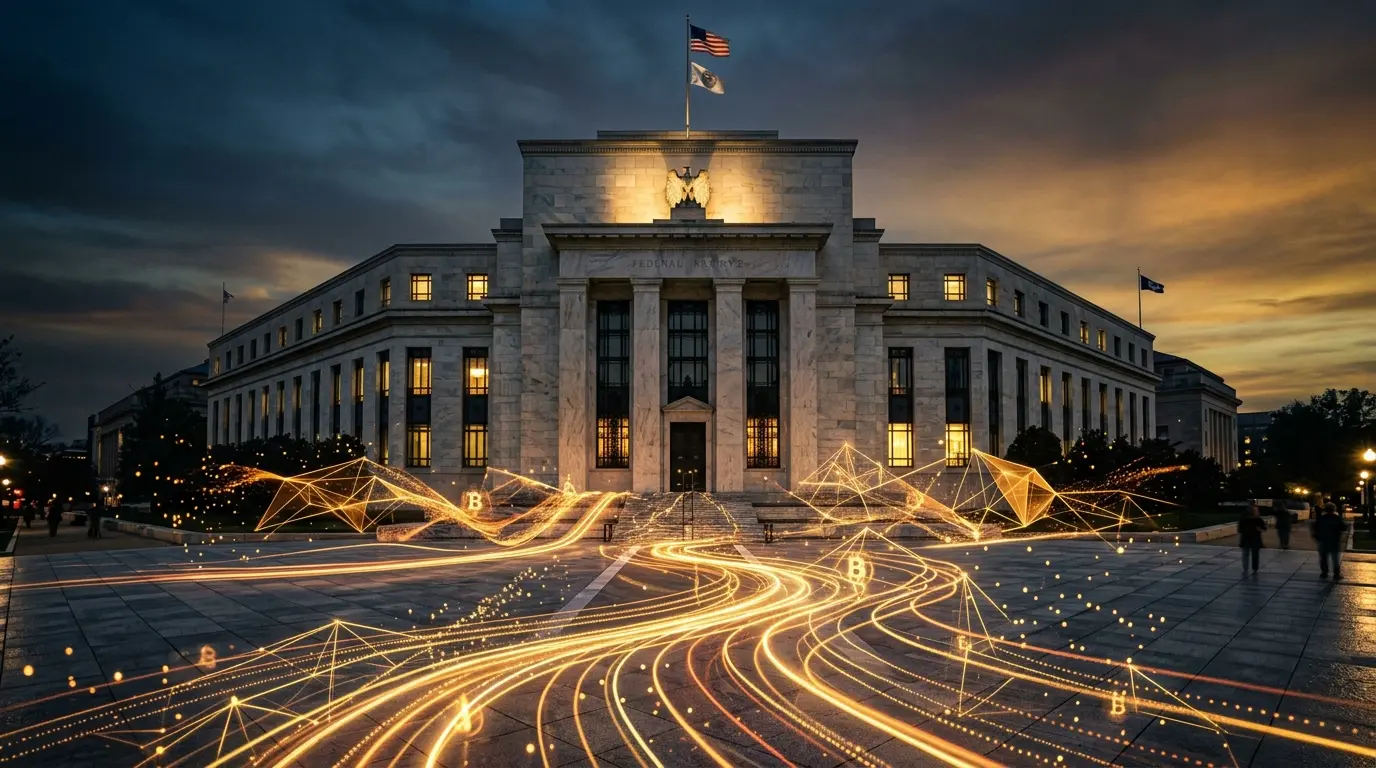 Federal Reserve building with digital currency light effects representing Bitcoin monetary policy intersection