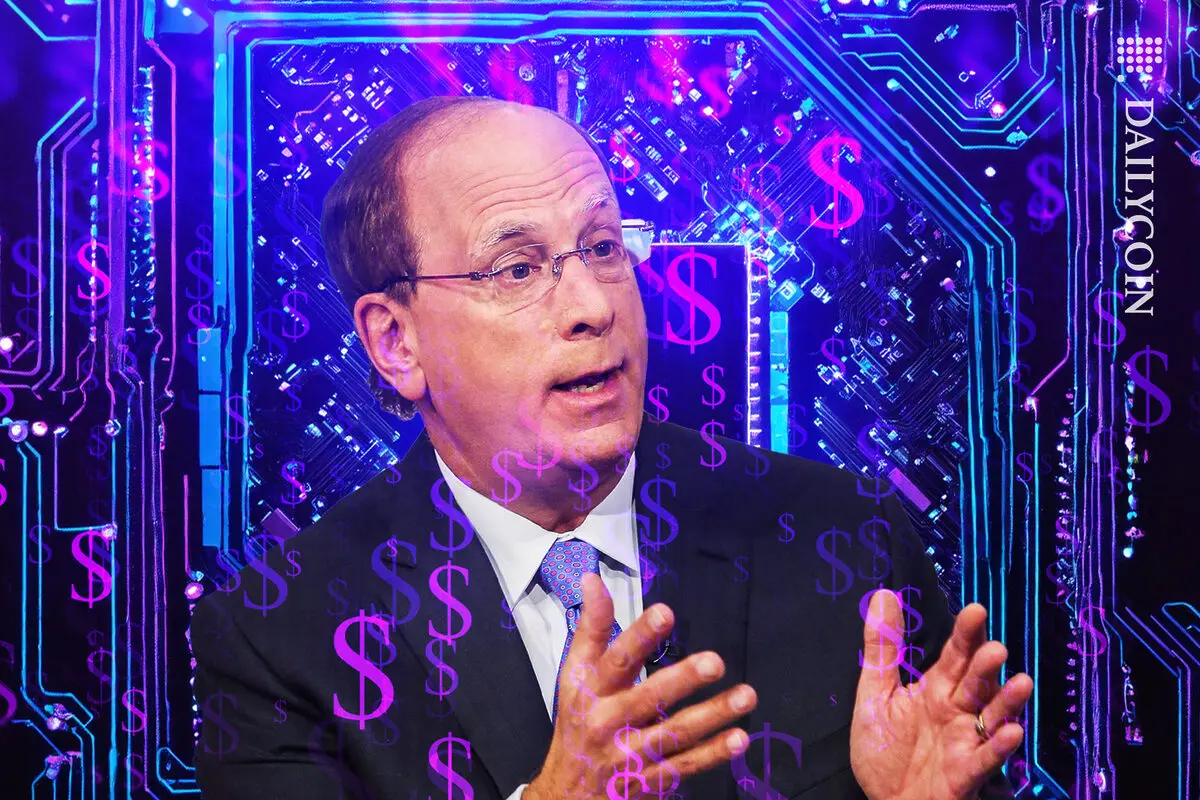 A man gestures while discussing finance, with a digital circuitry background and dollar signs overlay.