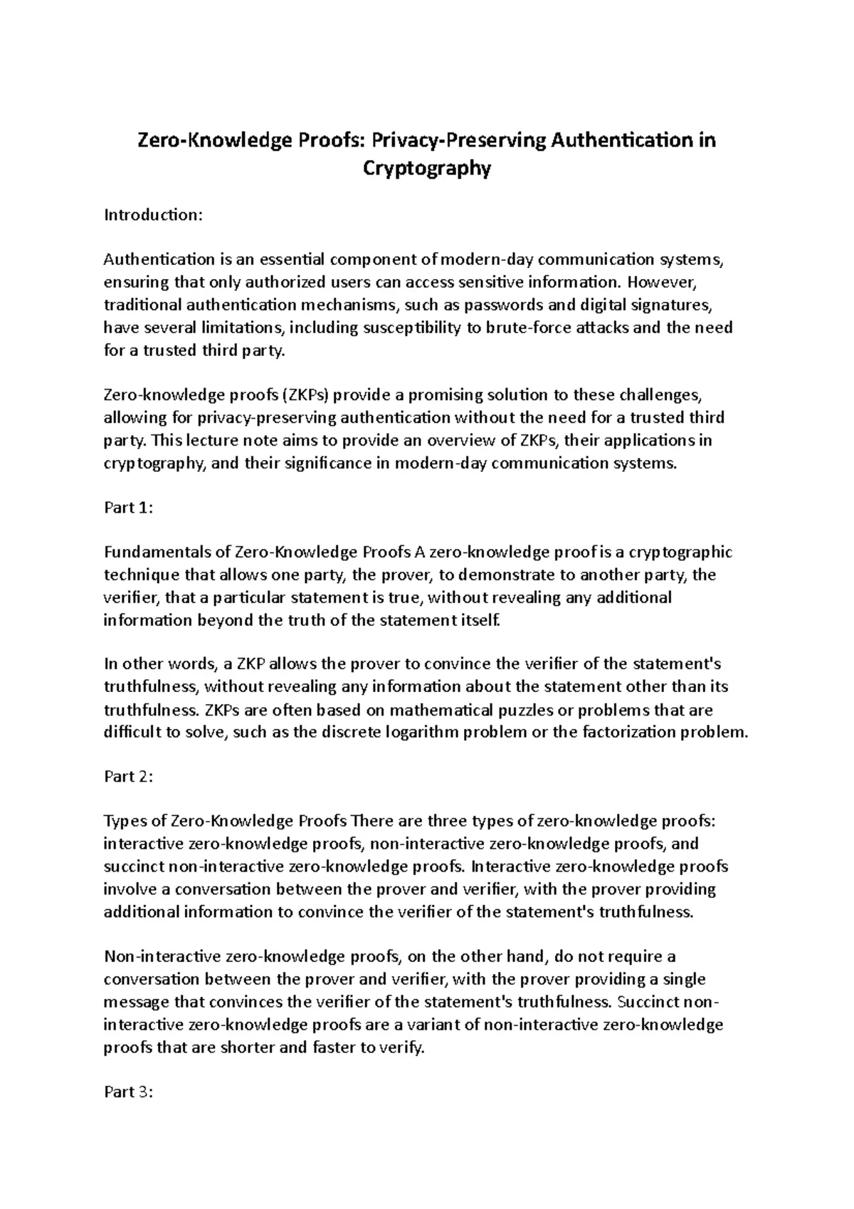 A document on Zero-Knowledge Proofs in cryptography with sections titled Fundamentals and Types.