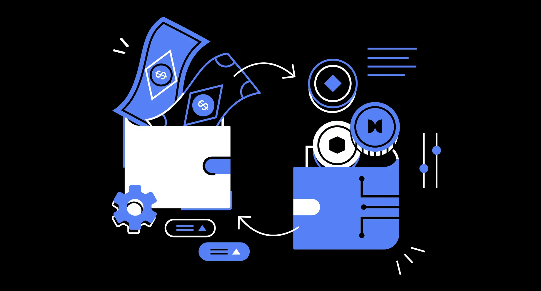 Graphic showing a wallet with cash and cryptocurrency coins being exchanged.