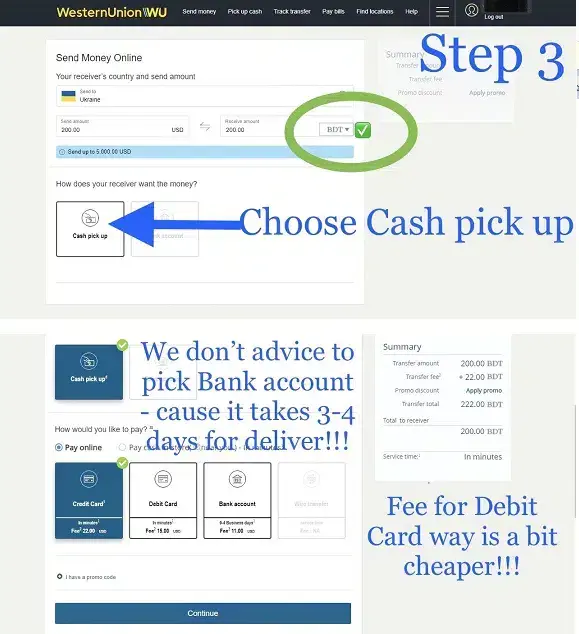 Western Union money transfer interface showing options for cash pickup and payment methods.