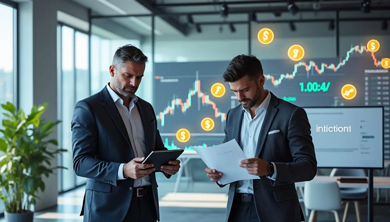 Two businessmen analyzing financial data in a modern office with charts and symbols.