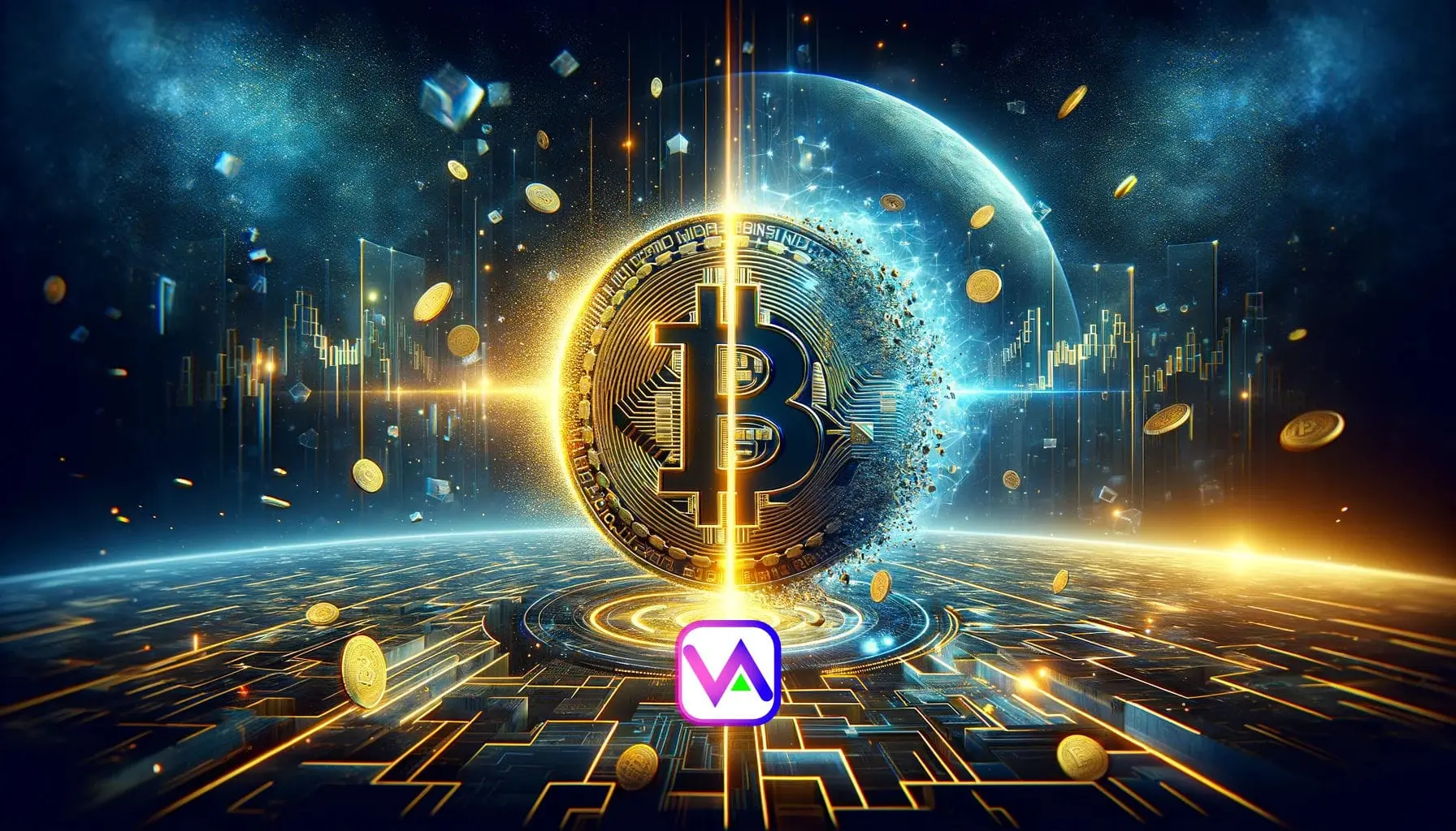 Digitally rendered Bitcoin symbol amid floating coins and futuristic graphics.