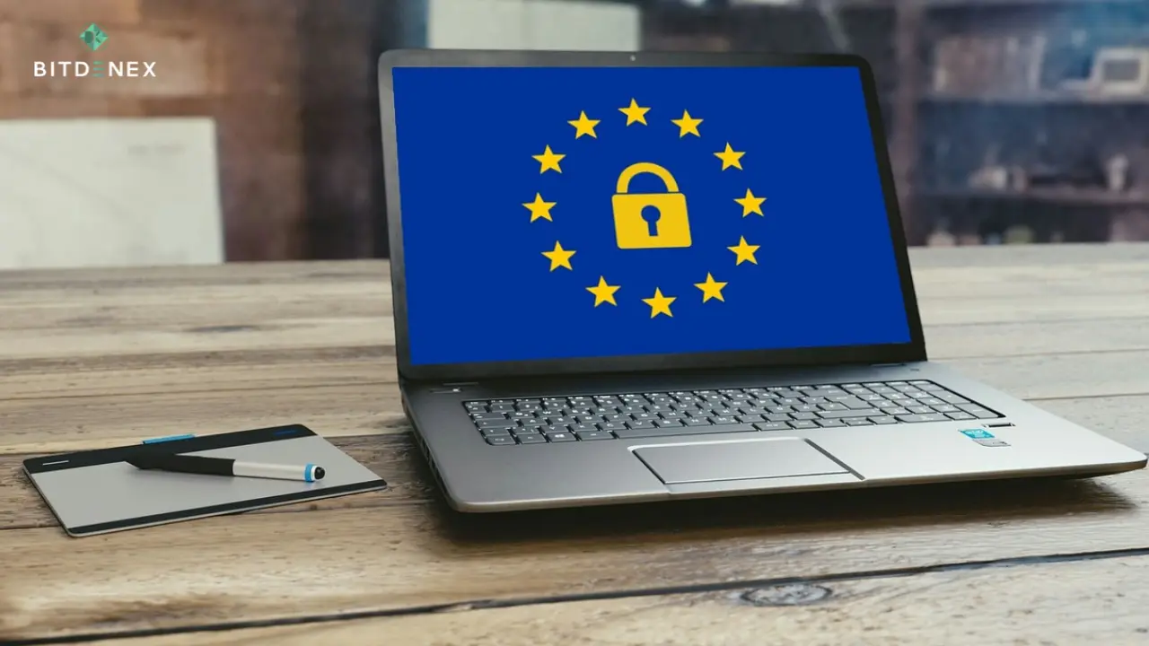 Laptop displaying the European Union flag with a lock icon on the screen.