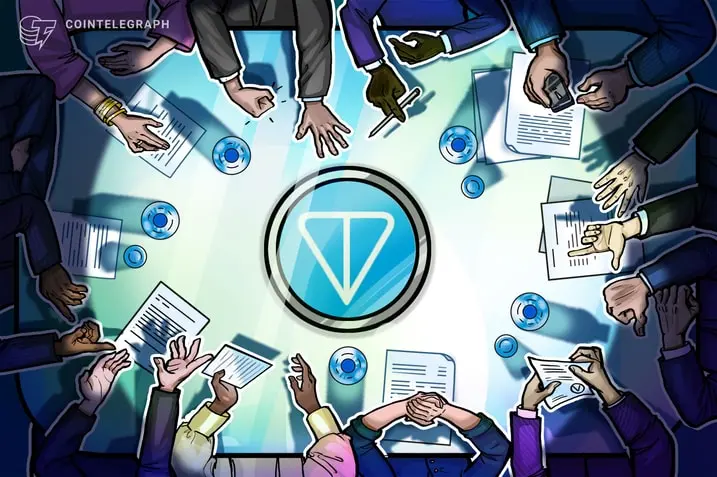 Illustration of hands around a table featuring the Telegram logo and documents.