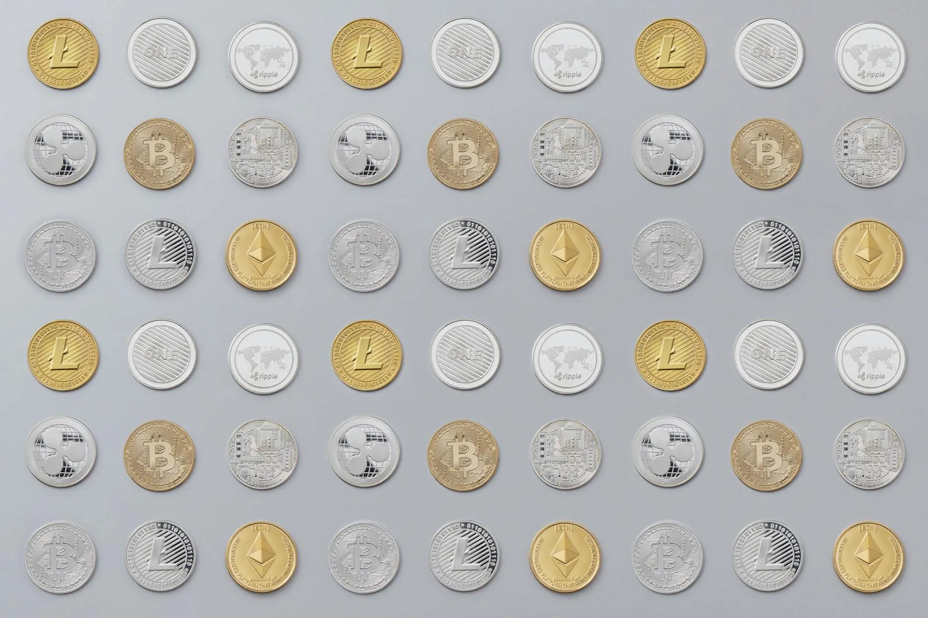 A grid of various cryptocurrency coins including Bitcoin, Ethereum, and Litecoin.