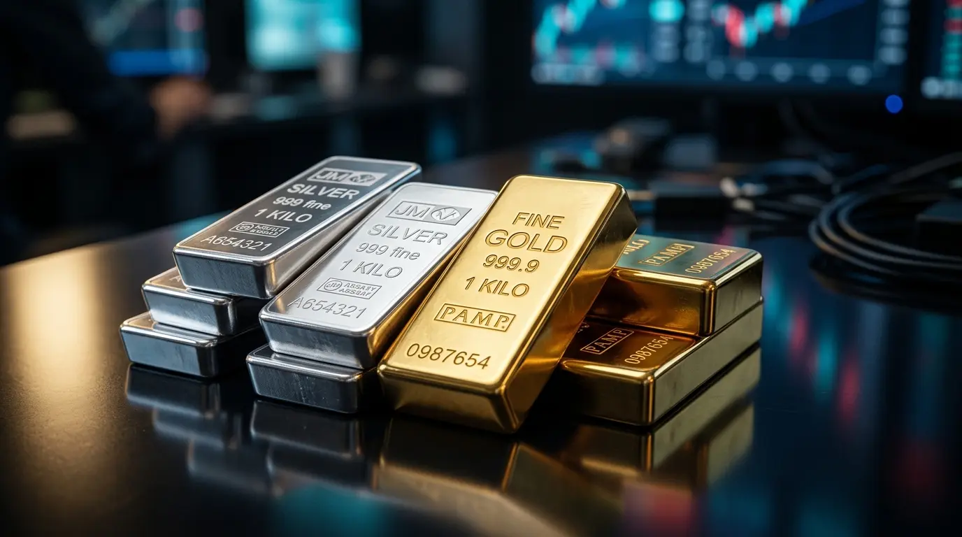 Gold and silver bars with digital trading reflections representing crypto commodity futures