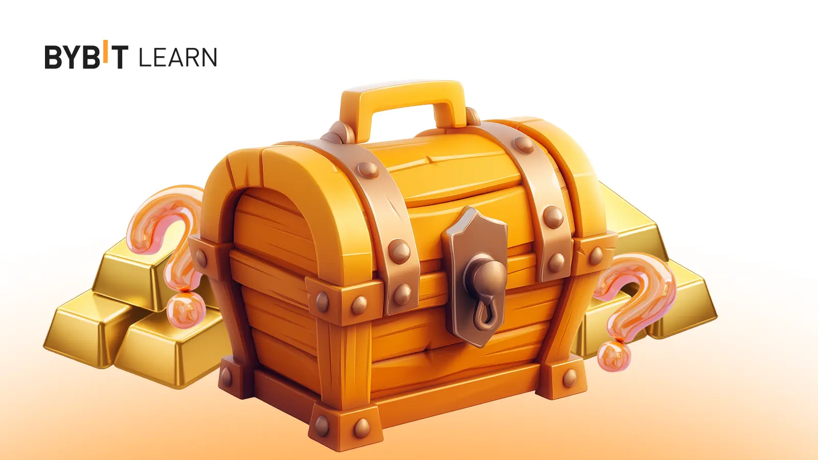 A stylized treasure chest with questions marks nearby, and gold bars in the background.