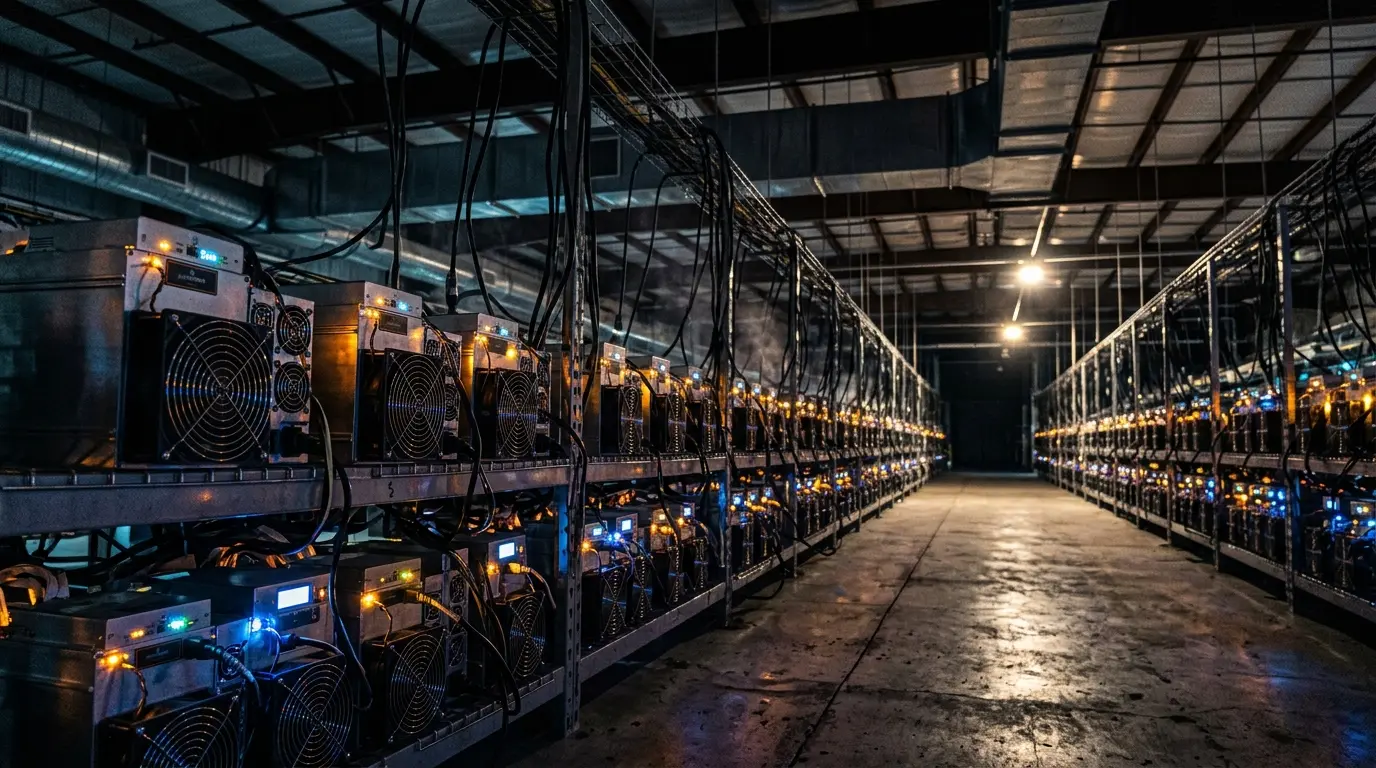 Bitcoin mining facility with rows of ASIC hardware in industrial lighting