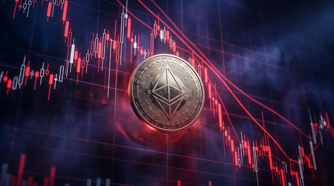 Ethereum coin under market pressure with downward financial charts in dramatic lighting
