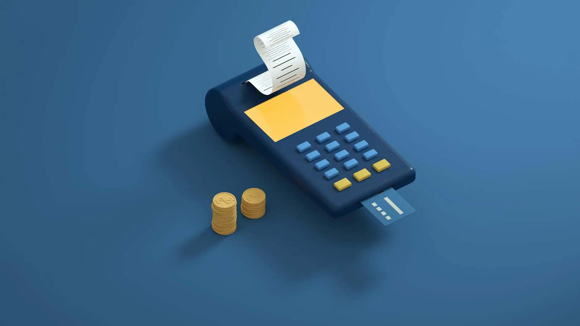 A digital payment terminal with a printed receipt and coins.