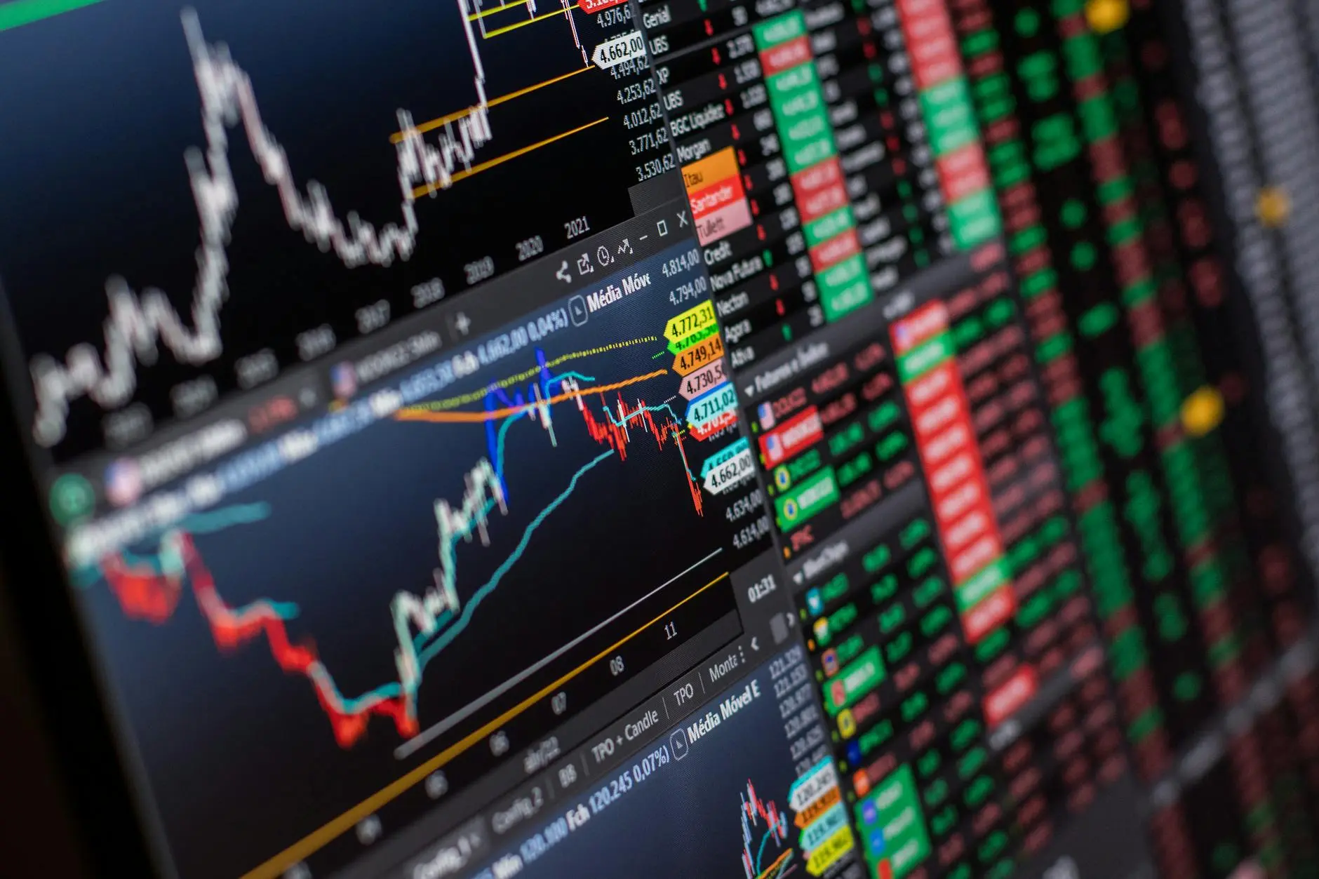 Close-up of stock market trading screens with green and red data indicators.
