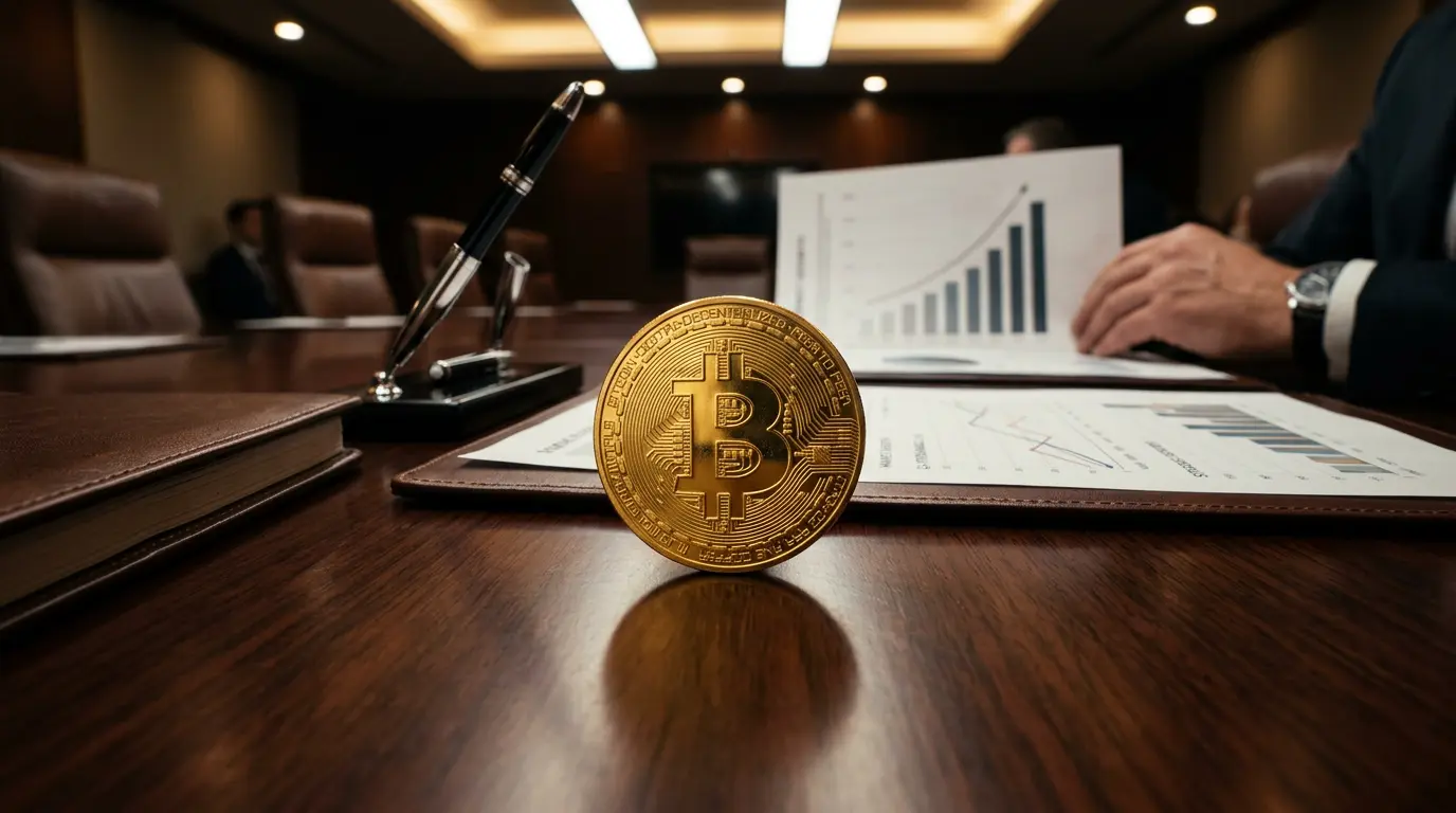 Bitcoin coin on corporate boardroom table with financial documents representing institutional investment