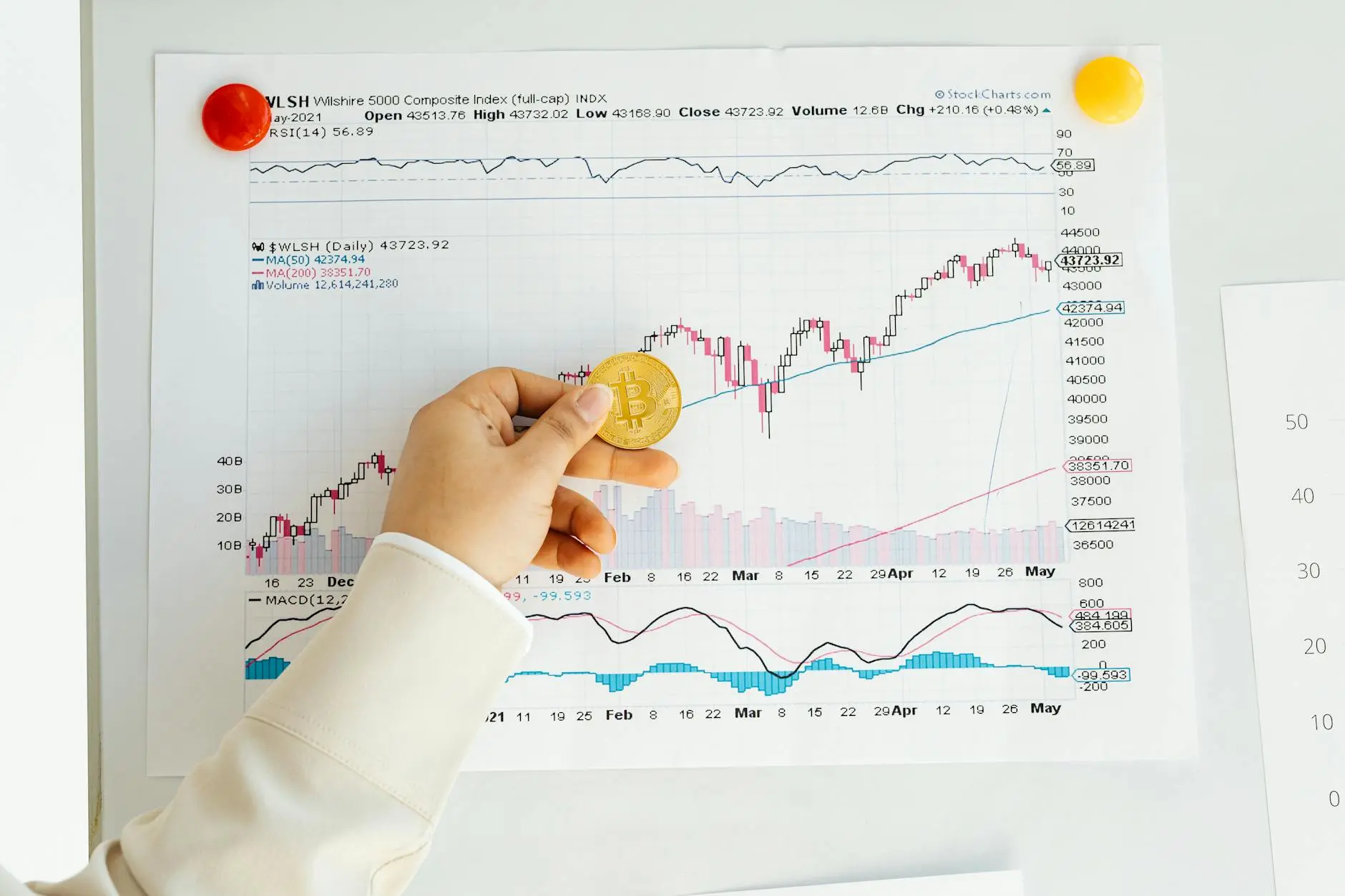 A hand holding a Bitcoin in front of a financial chart displaying price trends.