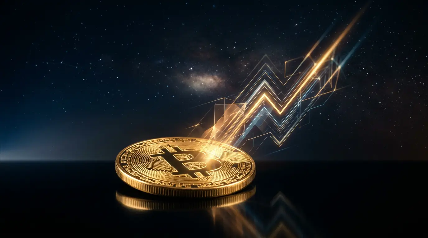 Bitcoin coin with upward light trails suggesting price trajectory and future growth projections