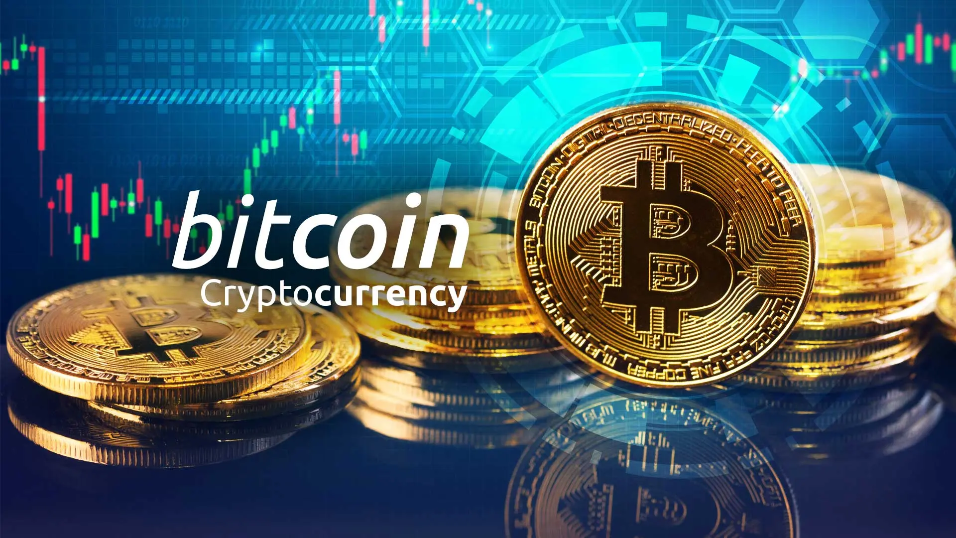 Stack of Bitcoin coins with a stock market graph background.