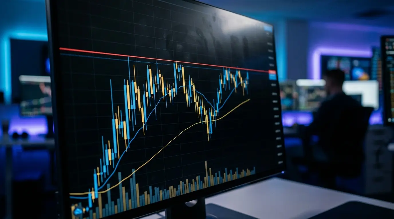 Cryptocurrency trading chart showing technical analysis with candlesticks and moving averages