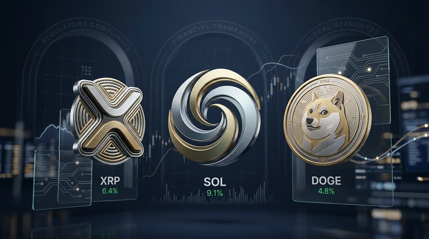 XRP, Solana, and Dogecoin represented as metallic symbols in a professional regulatory trading environment