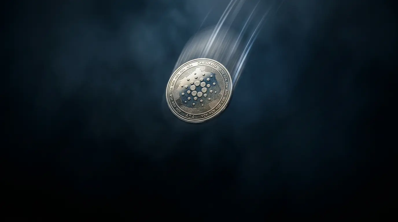 Cardano ADA coin falling through darkness symbolizing 5-year price low and ecosystem challenges