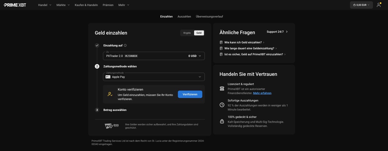 PrimeXBT Einzahlung