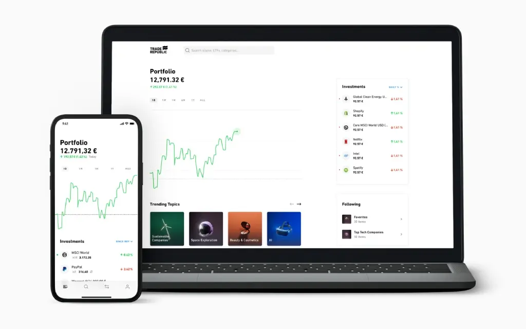 Trade Republic app displaying portfolio and investments on mobile and laptop screens.