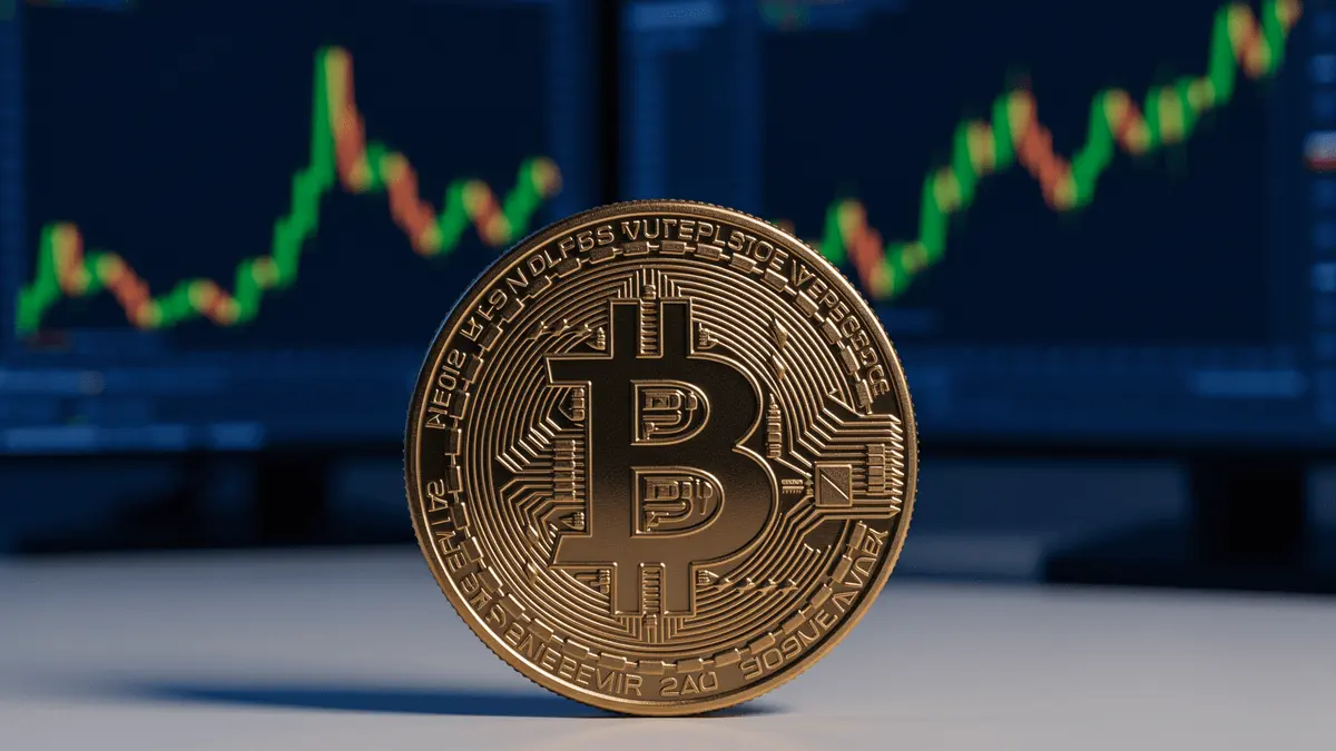 Bitcoin coin with upward trending financial charts on trading monitors in professional setting