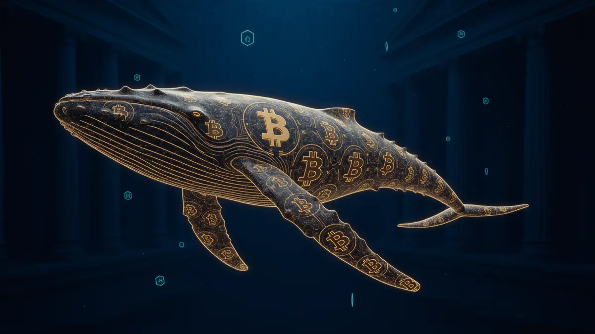 Digital whale made of blockchain nodes symbolizing government Bitcoin reserves moving through data ocean