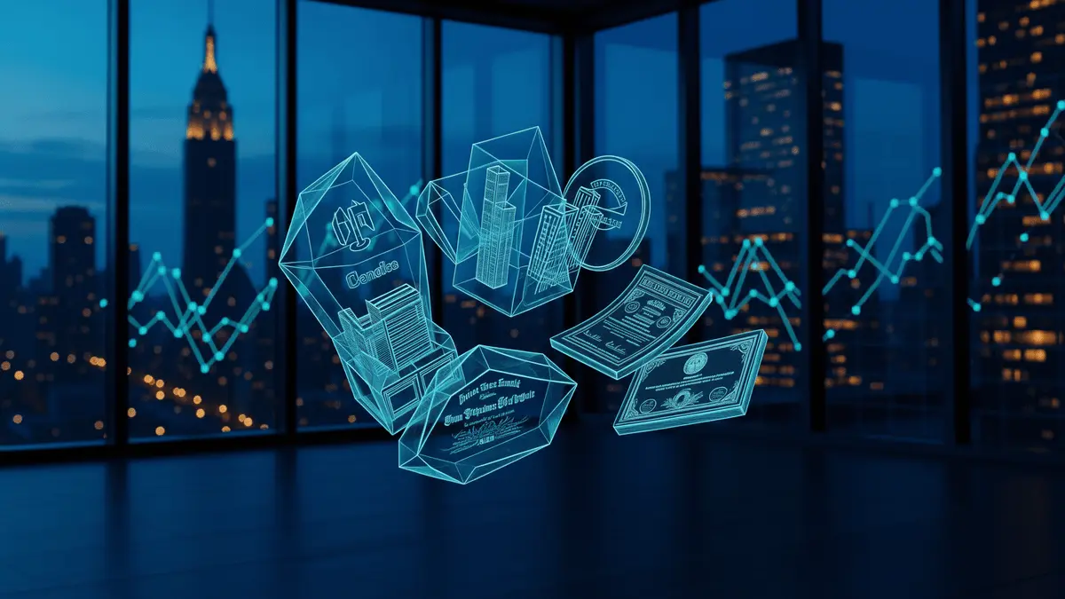 Holographic tokenized assets floating above futuristic trading floor with Wall Street skyline