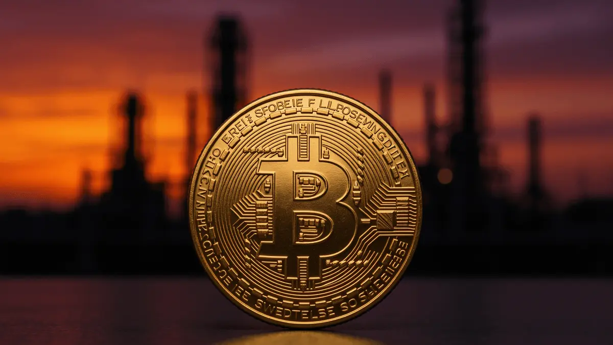 Bitcoin coin foreground with oil refinery silhouette representing geopolitical impact on cryptocurrency markets