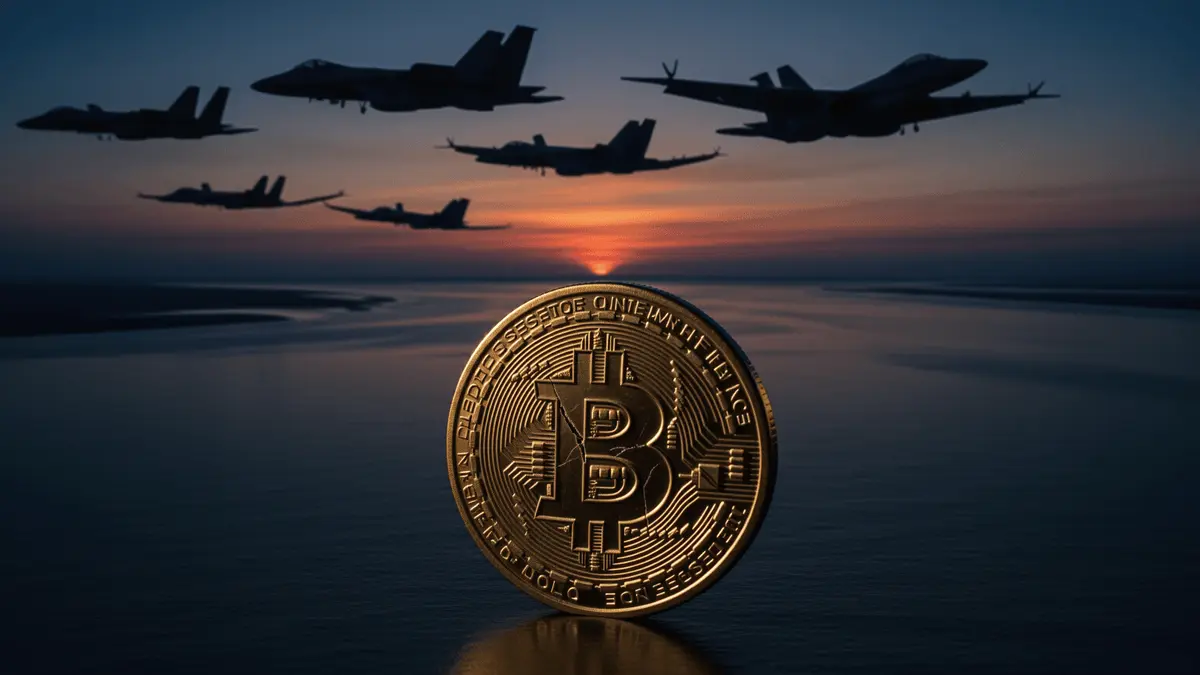 Bitcoin under pressure with military jets over Strait of Hormuz representing Iran-US geopolitical conflict
