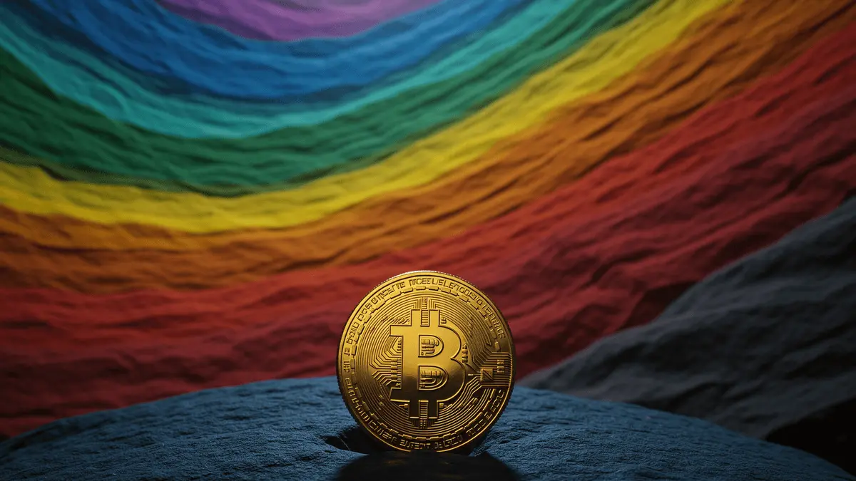 Bitcoin coin at bottom of rainbow-layered canyon representing historic low price signal
