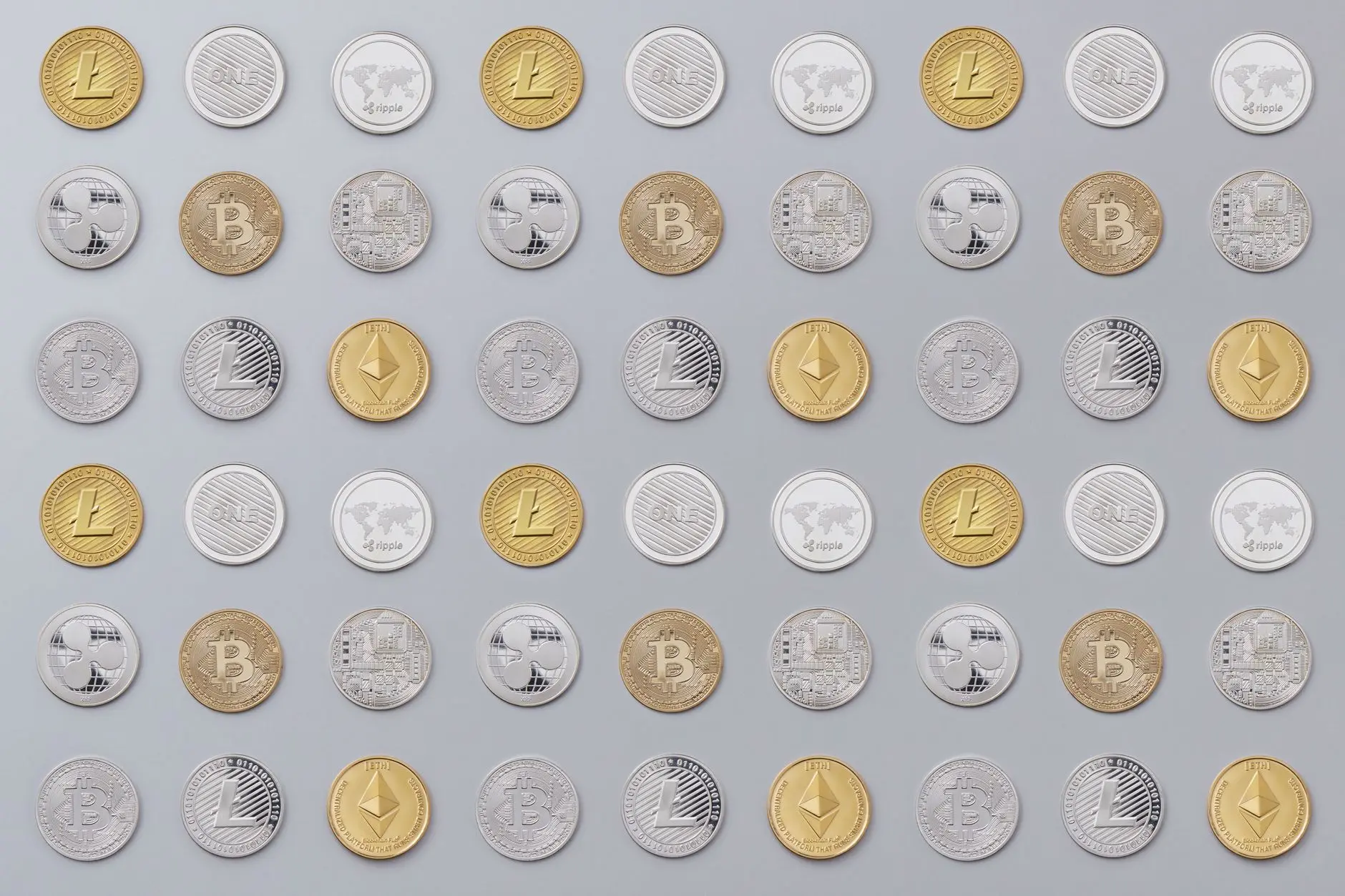 Various cryptocurrency coins including Bitcoin, Ethereum, and Litecoin arranged in a grid.
