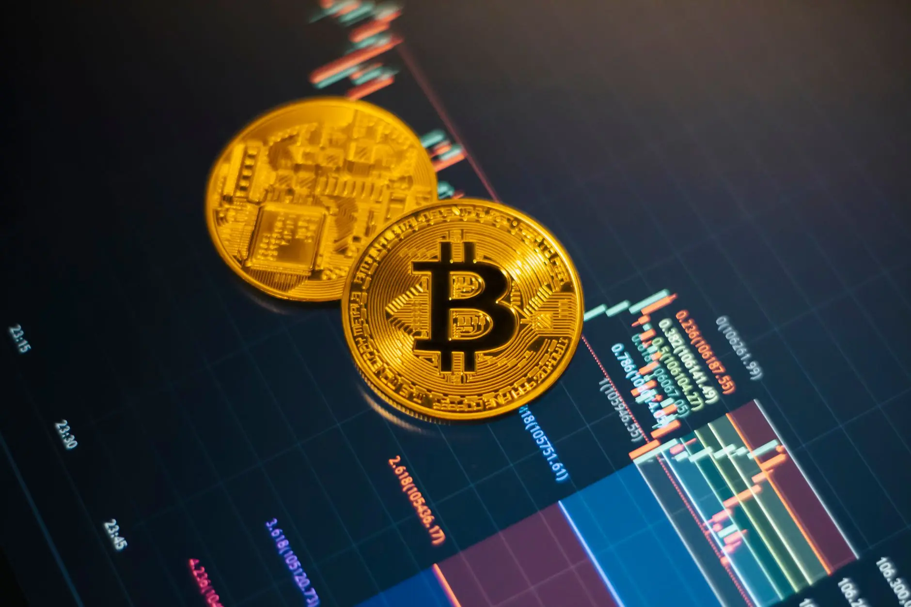 Two gold bitcoin coins on a digital price chart background.