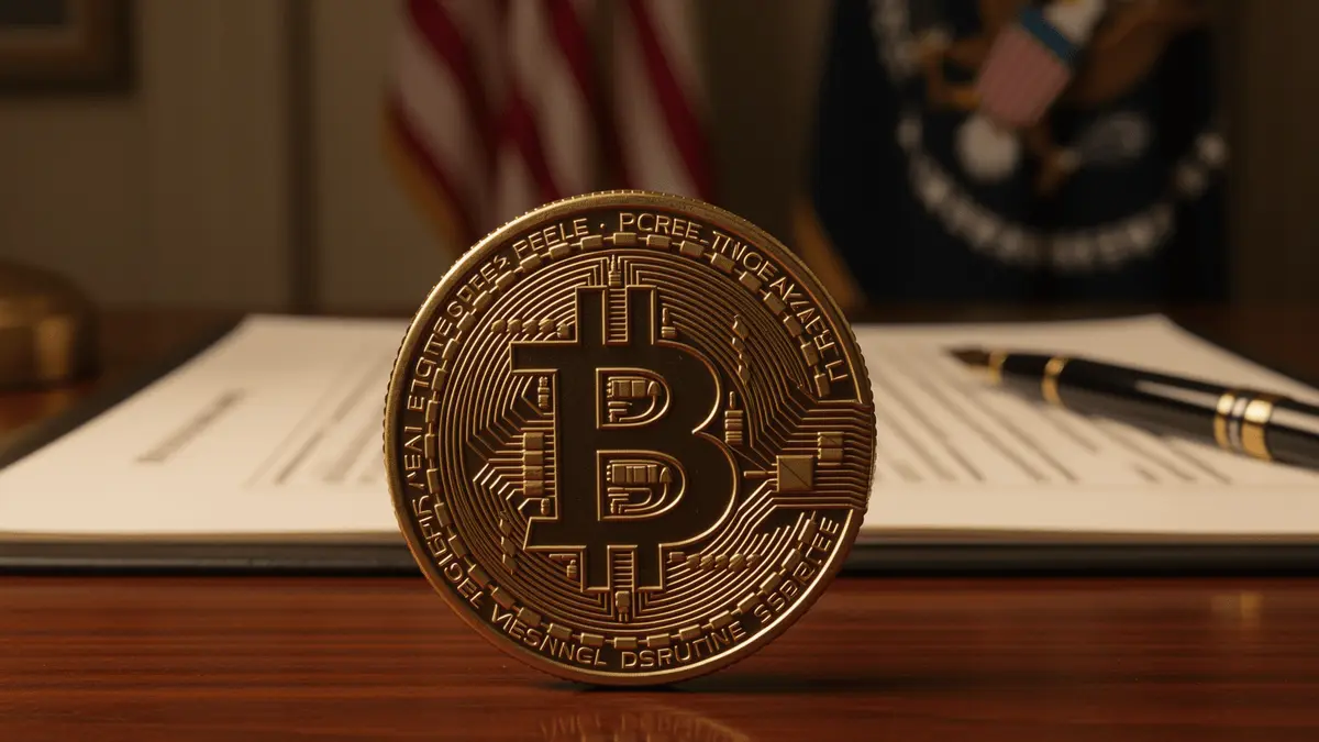 Bitcoin coin on executive desk with official government documents representing crypto holdings disclosure