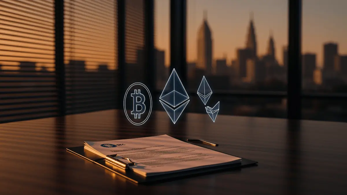 SEC regulatory office with cryptocurrency ETF documentation and holographic digital asset symbols