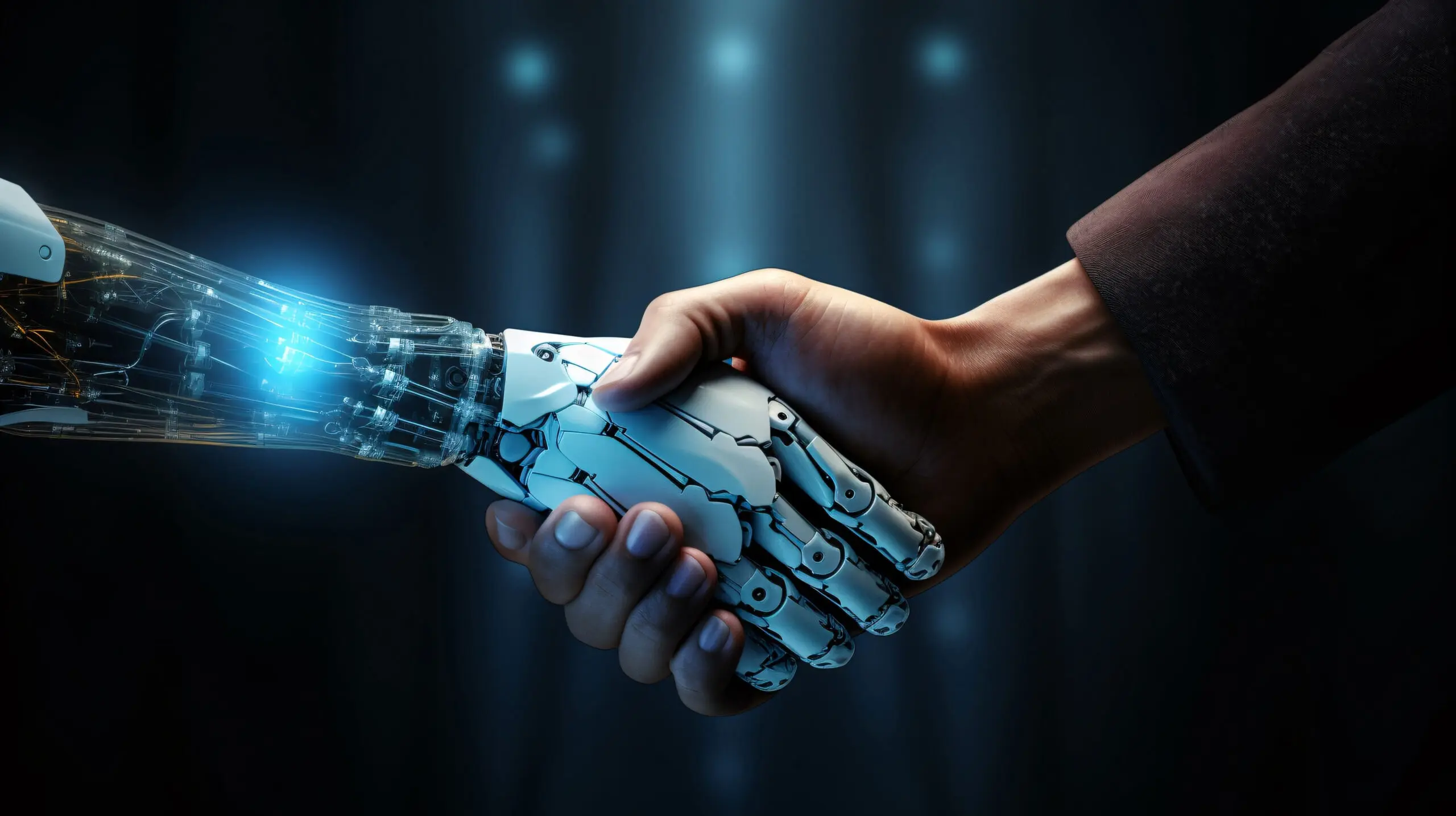 A human hand and a robotic hand shaking hands with a glowing blue light.