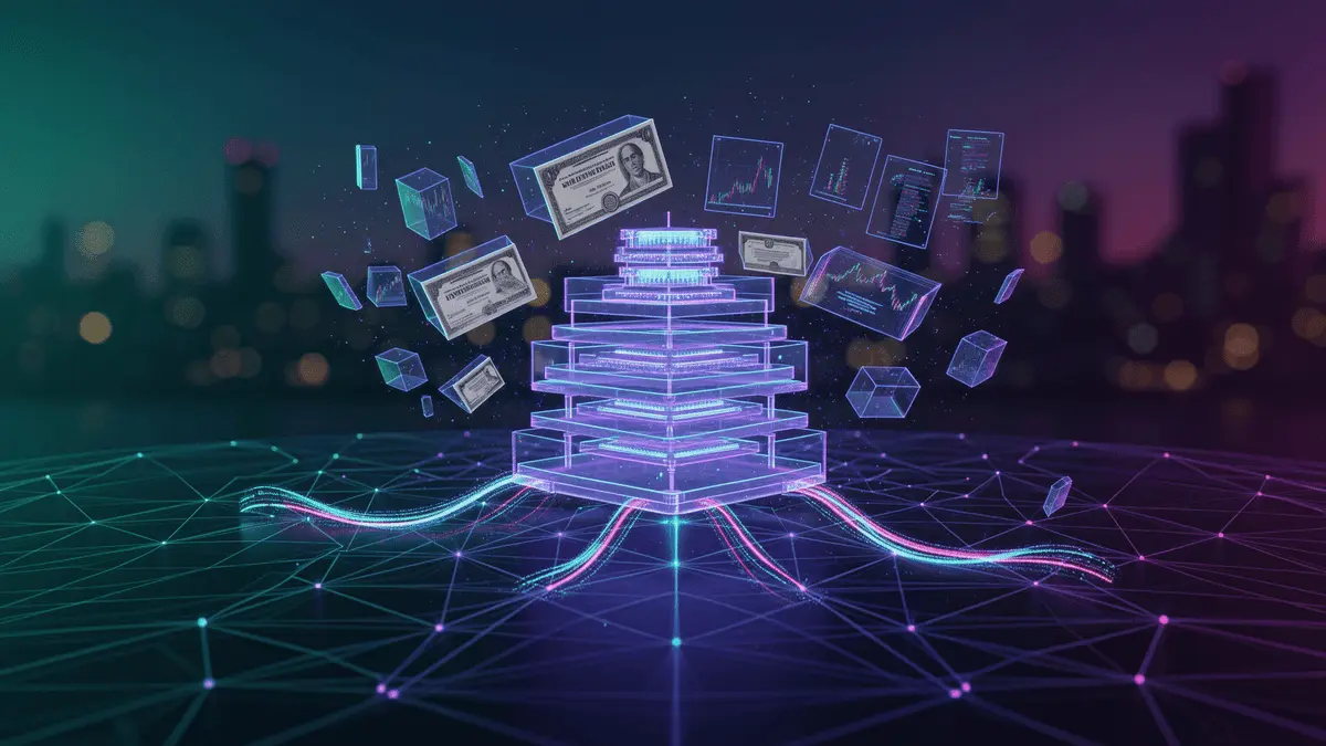 Futuristic blockchain network with tokenized stocks and digital trading infrastructure