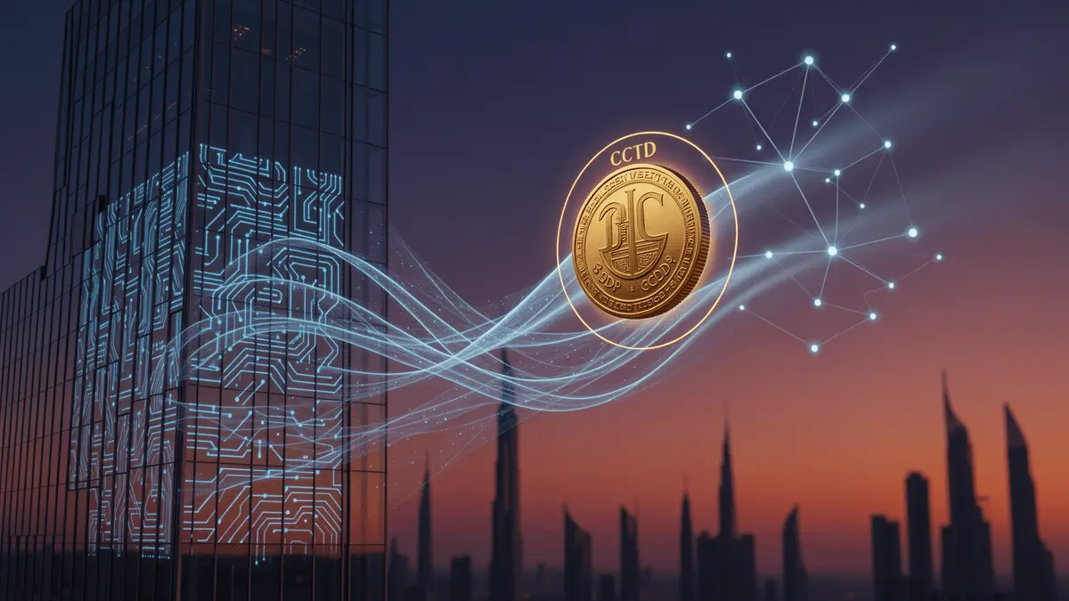 Standard Chartered bank building with blockchain network and USDC stablecoin integration visualization