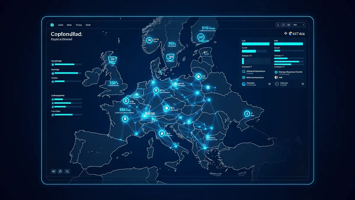 Digital dashboard showing European Union map with crypto exchange compliance data visualization