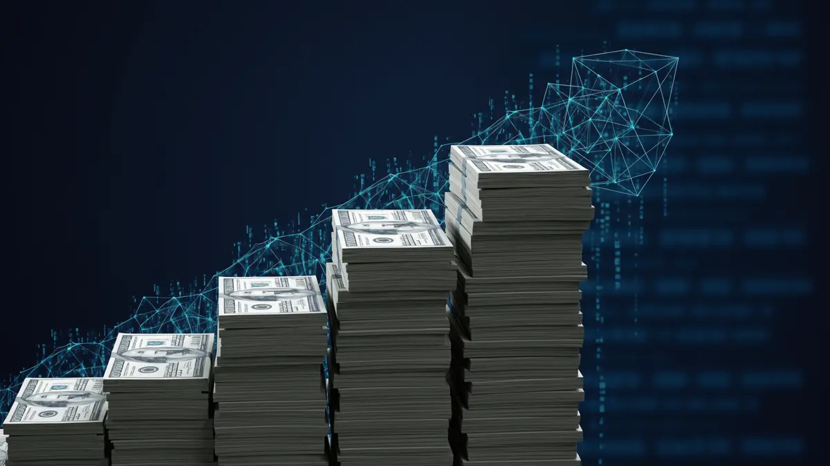 Stacked US dollar bills with digital blockchain elements representing stablecoin compliance barriers