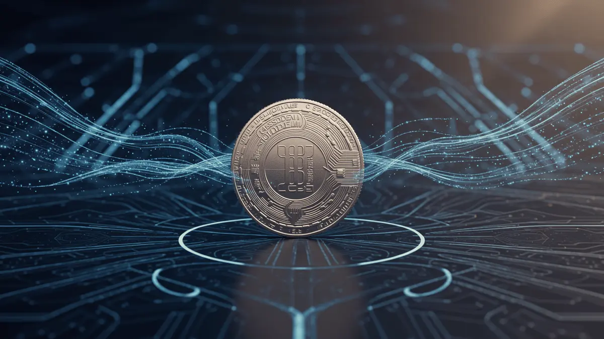 USDC stablecoin at center of glowing blockchain transaction network with digital payment infrastructure