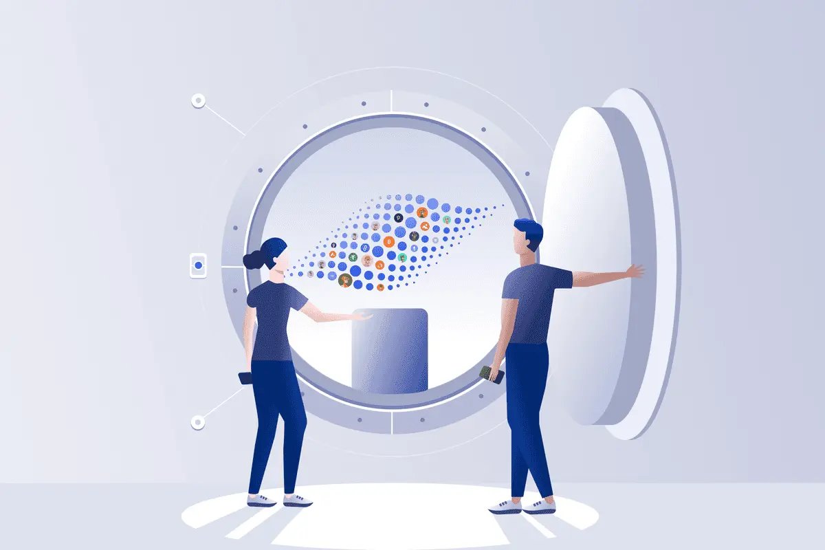 A digital vault scene with two figures interacting and cryptocurrency icons.