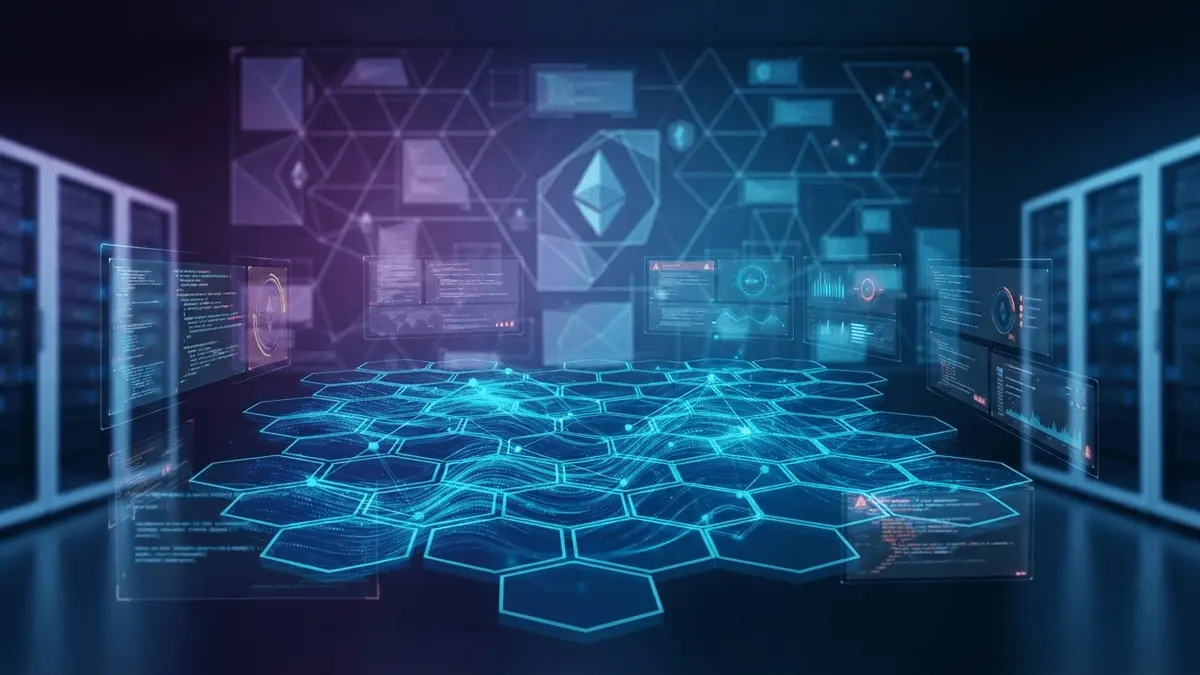 Futuristic Ethereum blockchain security visualization with holographic network grid and data streams